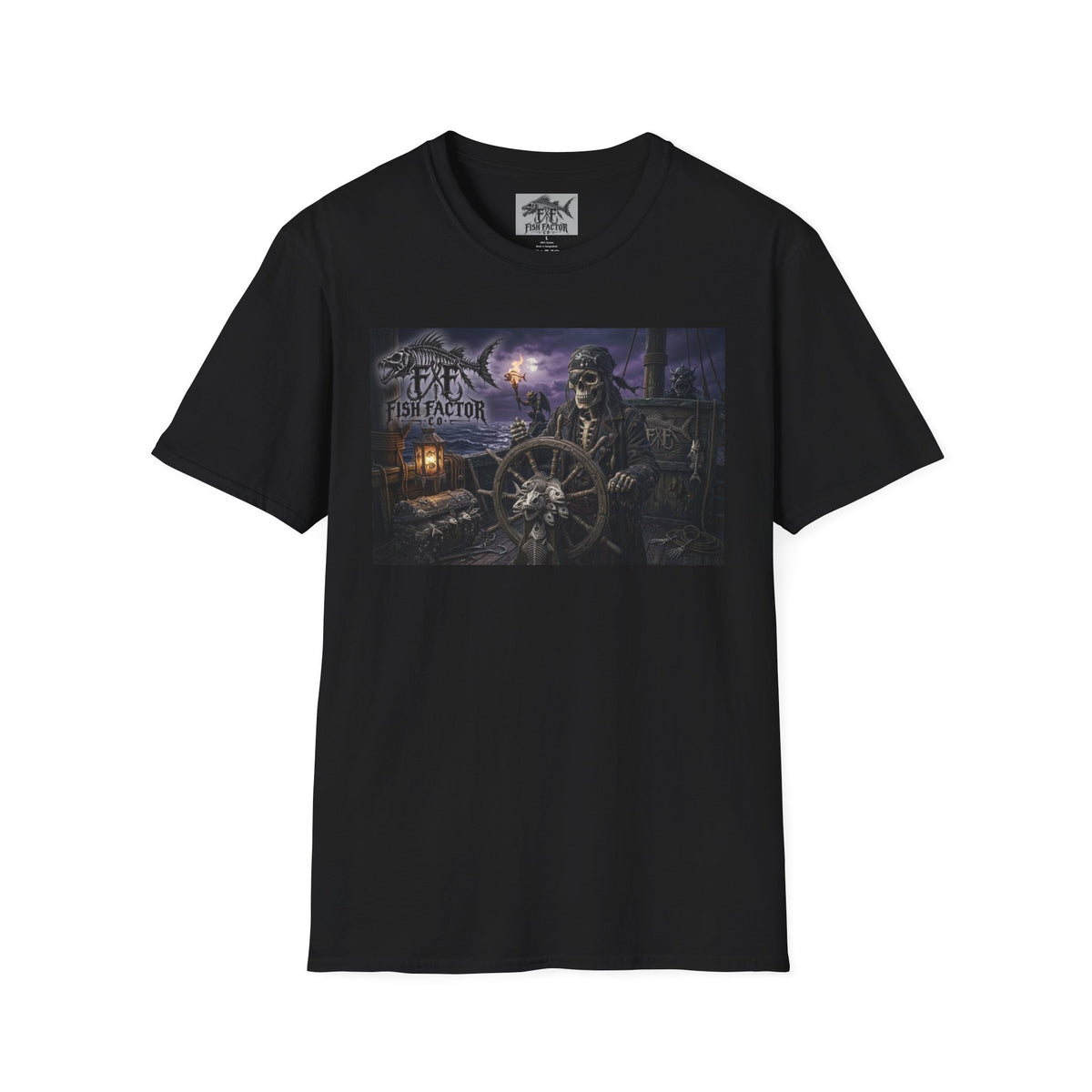 Skeleton Female Pirate Captain steering wheel T-Shirt | Nautical Gothic Fishing Theme Fish Factor