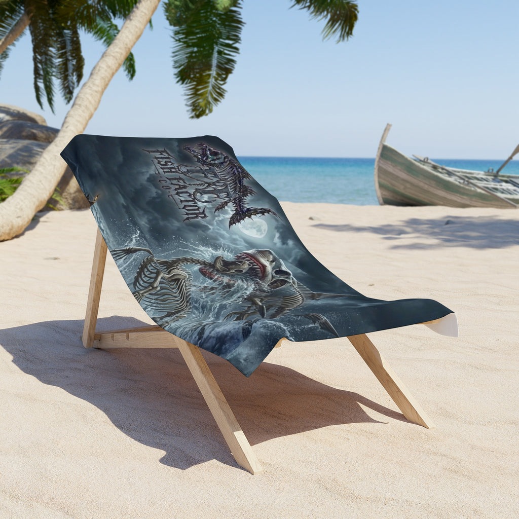Beach Towel — Gothic Skeletal Shark Design "Fish Factor" (Dark Ocean Vibe)