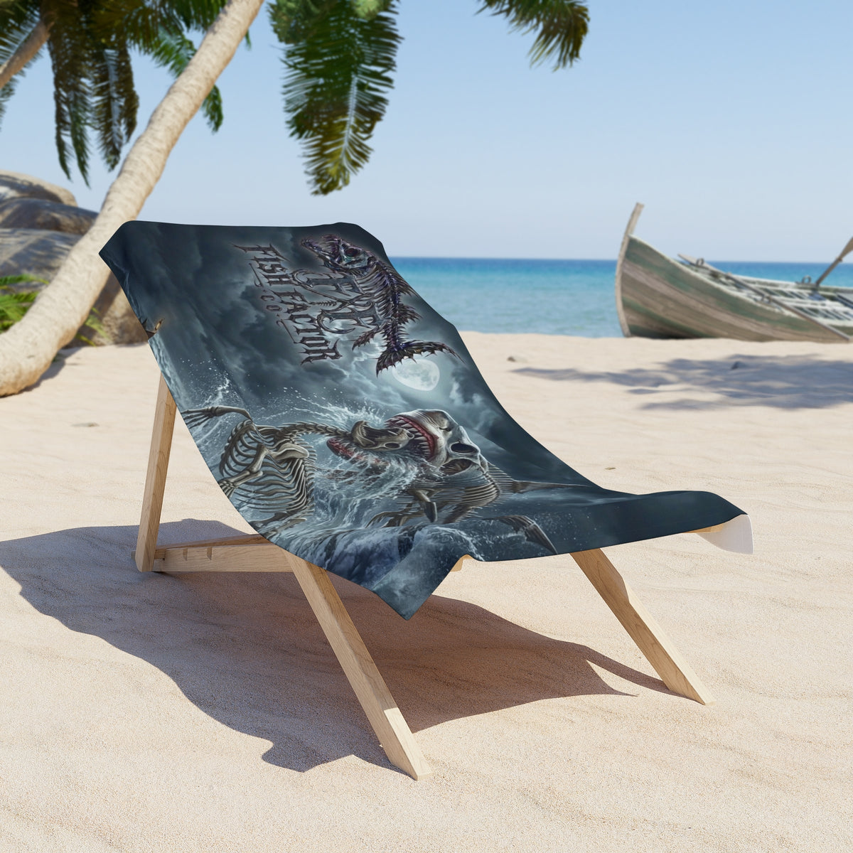Beach Towel — Gothic Skeletal Shark Design "Fish Factor" (Dark Ocean Vibe)
