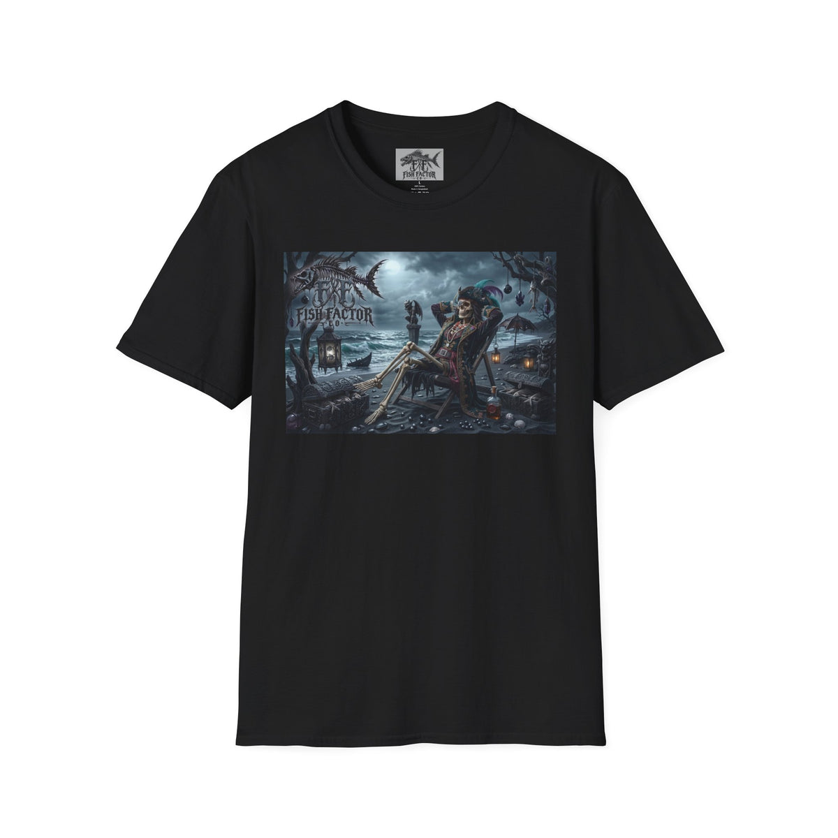 Pirate Skeleton Fisherman T-Shirt | Nautical Halloween Skull Sea Fish Factor