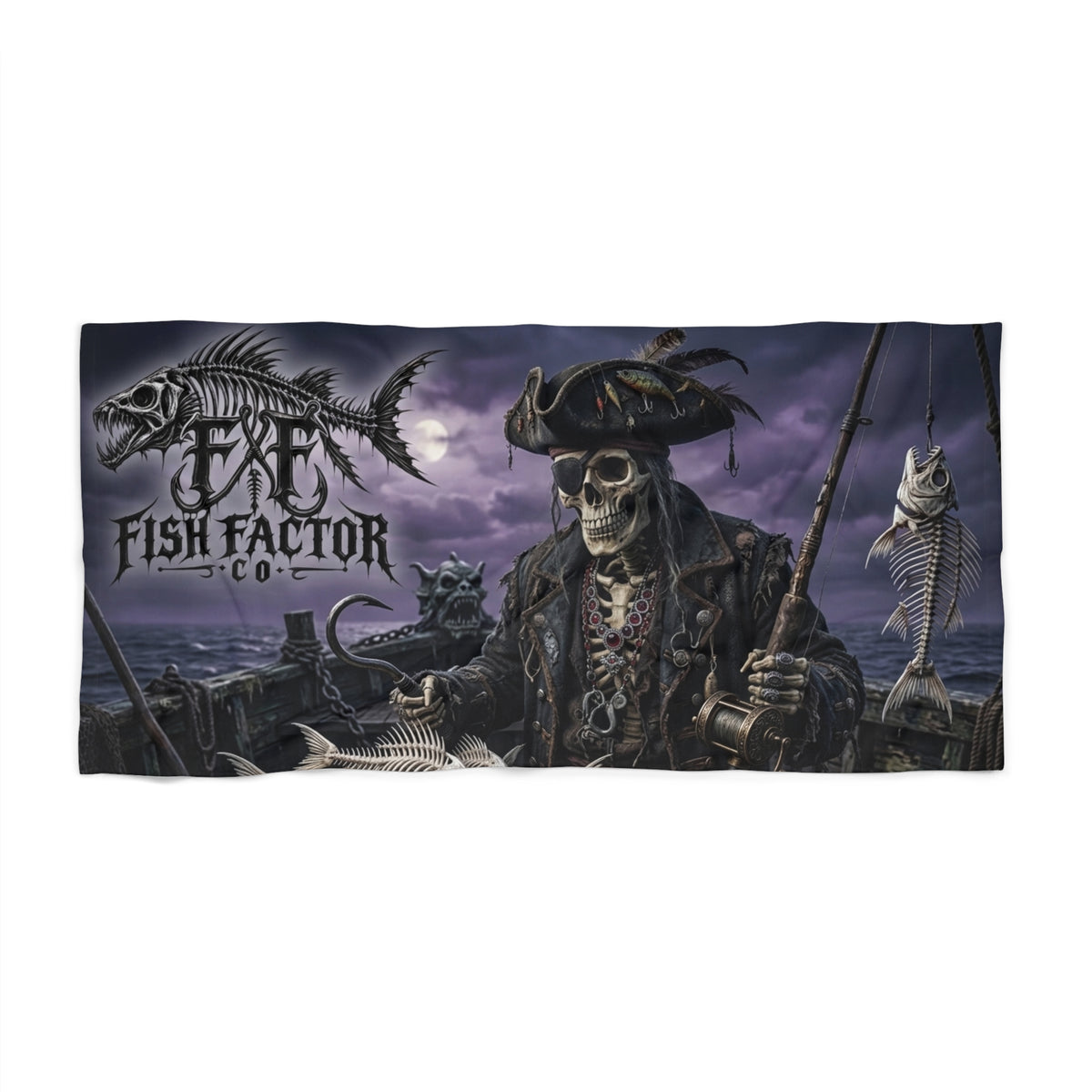 Pirate Skeleton Fishing Beach Towel — Fish Factor Co. Skull & Hook Design