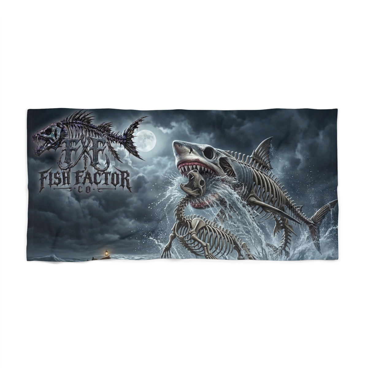 Beach Towel — Gothic Skeletal Shark Design "Fish Factor" (Dark Ocean Vibe)