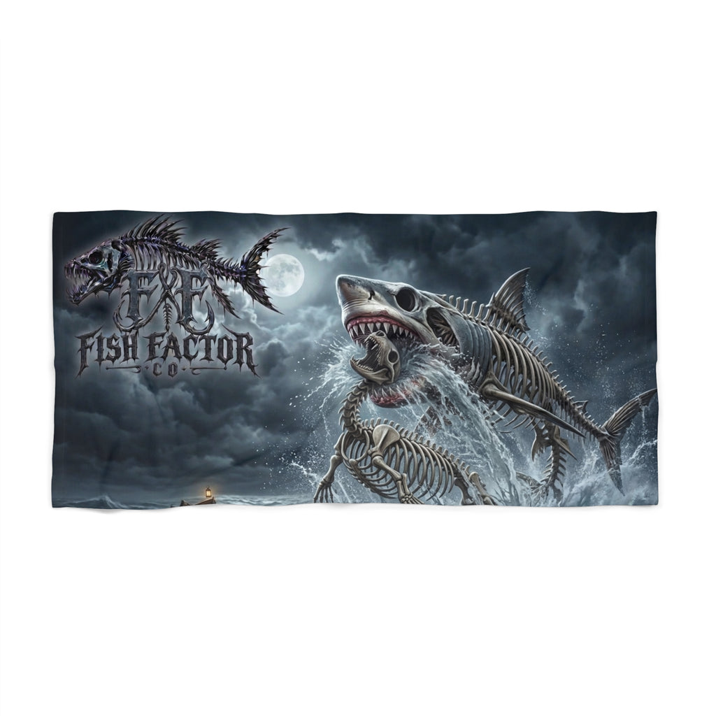 Beach Towel — Gothic Skeletal Shark Design "Fish Factor" (Dark Ocean Vibe)