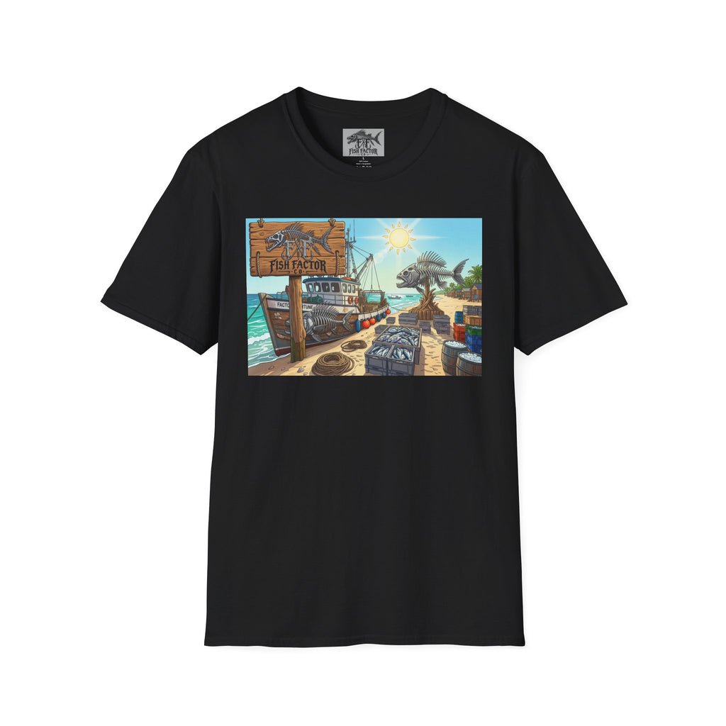 Fish Factor Dockside Scene T-Shirt | Vintage Fishing Pier Art